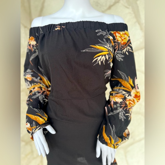 YOINS Black Long Sleeve Dress w/ Orange Floral Print - Picture 2 of 2